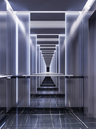 Futuristic design of an elevator cabin with mirrors with neon illumination and metal panels. Modern elevator design. Reflection to infinity. 3d rendering