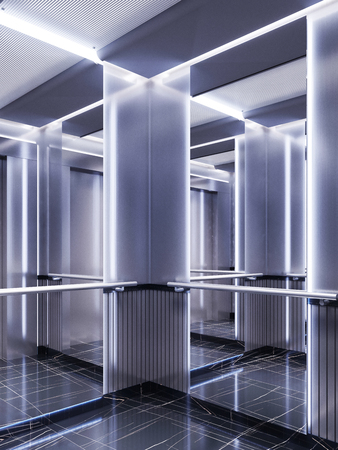 Futuristic design of an elevator cabin with mirrors with neon illumination and metal panels. Modern elevator design. Reflection to infinity. 3d renderingの写真素材