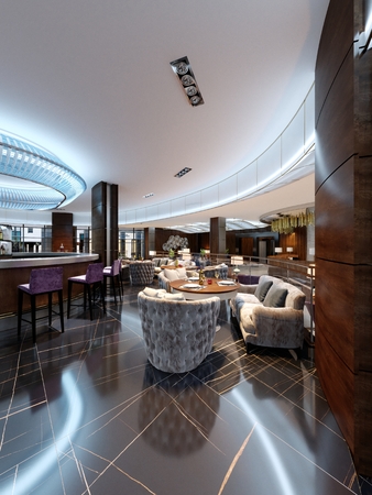 Modern bar and restaurant interior, part of a hotel, designer interior. 3D Renderingの写真素材