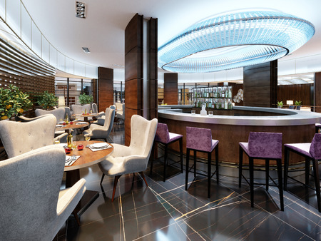 Modern Interior of cozy bar restaurant. Contemporary design in trendy style, modern dining place and bar counter. 3D Renderingの写真素材