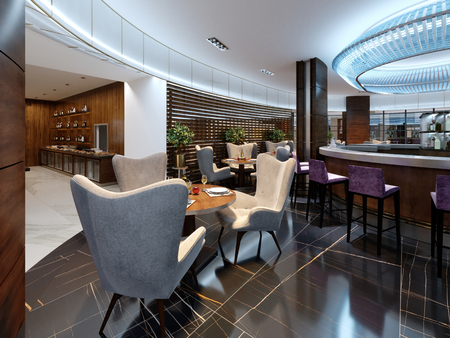 Modern bar and restaurant interior, part of a hotel, designer interior. 3D Renderingの写真素材