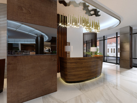 Reception desk with lobby entrance and lounge area. 3D Renderingの写真素材