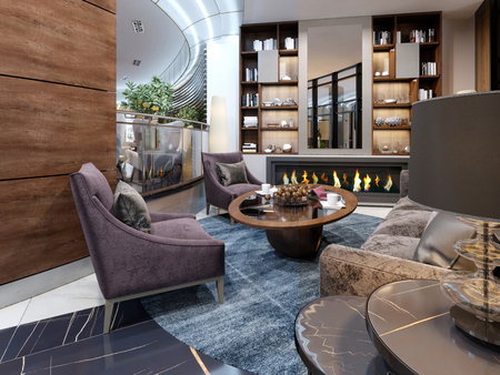 Hotel lobby rest area with fireplace and half-books. 3D Renderingの写真素材