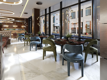 Restaurant in a modern style with marble floor. There are sofas chairs with tables, decorative stainless columns. On ceiling big chandelier with gold circles. Large closet with bottles and light. 3D Renderingの写真素材