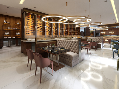 Restaurant in a modern style with marble floor. There are sofas chairs with tables, decorative stainless columns. On ceiling big chandelier with gold circles. Large closet with bottles and light. 3D Renderingの写真素材