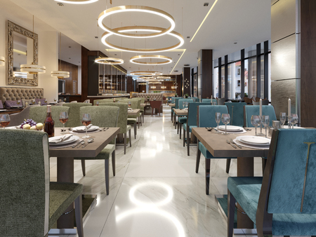 Cozy luxury interior of restaurant, Comfortable modern dining place, contemporary design background. 3D Renderingの写真素材
