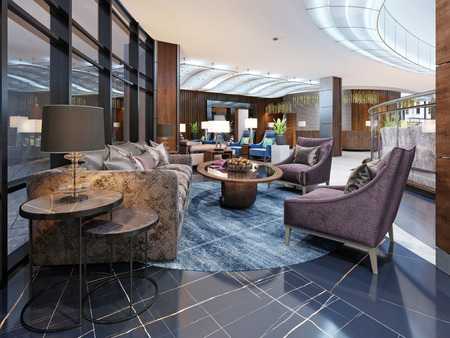 Contemporary hotel interior design, hotel lobby, rest area with comfortable modern furniture. 3D Renderingの写真素材