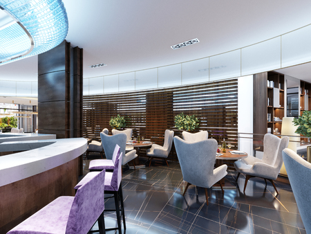 Modern Interior of cozy bar restaurant. Contemporary design in trendy style, modern dining place and bar counter. 3D Renderingの写真素材