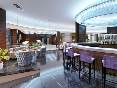 Modern Interior of cozy bar restaurant. Contemporary design in trendy style, modern dining place and bar counter. 3D Renderingの写真素材