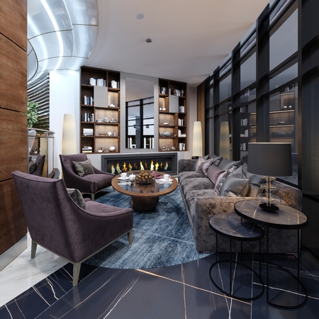 Hotel lobby rest area with fireplace and half-books. 3D Renderingの写真素材