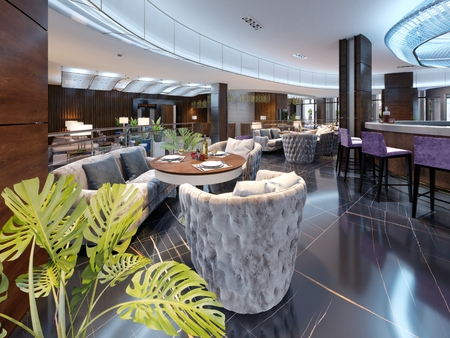 Modern bar restaurant in a luxurious modern style with elegant furniture and lighting. 3d renderingの写真素材