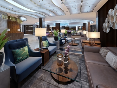 Luxury lounge entrance area in hotel with leather sofa and fabric armchair. designer white cabinets with a flower pot and wooden decorative planks on the walls with decor. 3D Renderingの写真素材