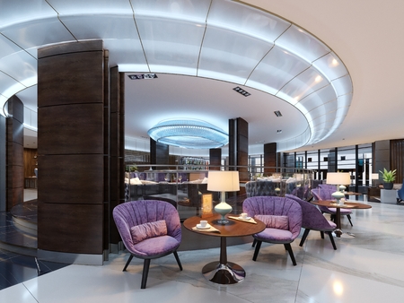A cozy cafeteria in the lobby with comfortable upholstered chairs and a table with a lamp. 3d renderingの写真素材