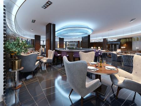 Modern bar restaurant in a luxurious modern style with elegant furniture and lighting. 3d renderingの写真素材