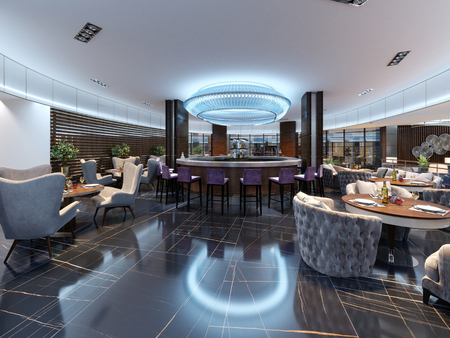 Modern bar restaurant in a luxurious modern style with elegant furniture and lighting. 3d renderingの写真素材