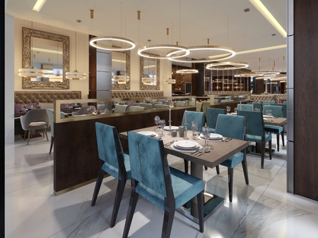 Cozy luxury interior of restaurant, Comfortable modern dining place, contemporary design background. 3D Renderingの写真素材