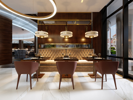Cozy luxury interior of restaurant, Comfortable modern dining place, contemporary design background. 3D Renderingの写真素材