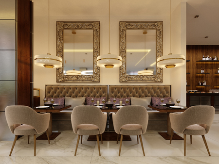The modern conceptual interior design of the restaurant is in contemporary style with classic elements. 3d rendering.の写真素材