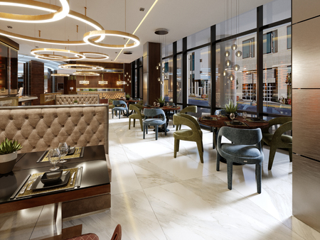 The modern conceptual interior design of the restaurant is in contemporary style with classic elements. 3d rendering.の写真素材