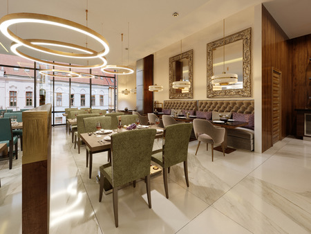 The modern conceptual interior design of the restaurant is in contemporary style with classic elements. 3d rendering.の写真素材