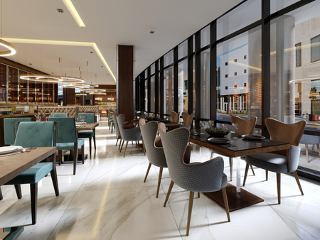 The modern conceptual interior design of the restaurant is in contemporary style with classic elements. 3d rendering.の写真素材