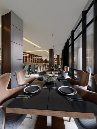 The modern conceptual interior design of the restaurant is in contemporary style with classic elements. 3d rendering.の写真素材