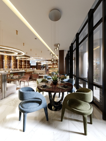 The modern conceptual interior design of the restaurant is in contemporary style with classic elements. 3d rendering.の写真素材