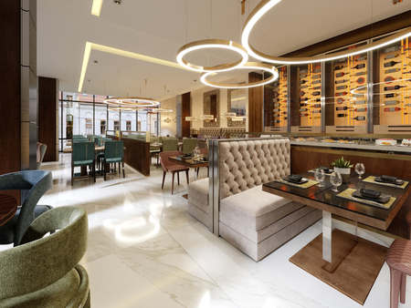 The modern conceptual interior design of the restaurant is in contemporary style with classic elements. 3d rendering.の写真素材