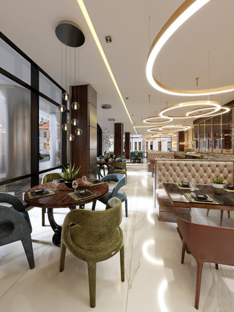 Luxury restaurant in contemporary style with exquisite modern furniture and designer listroy with hidden lighting. Brand interior design of the restaurant. 3d rendering.の写真素材