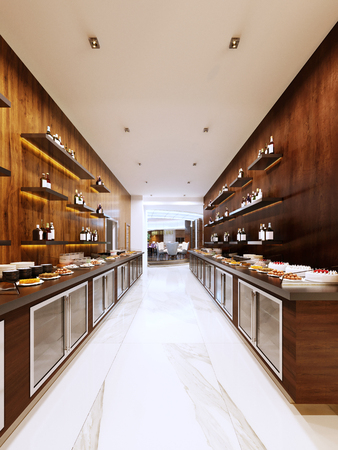 Buffet modern restaurant in contemporary style. cold cabinets and decorative shelves with bottles. Restaurant design. 3d renderingの写真素材