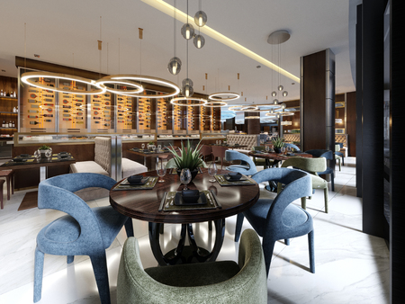 Luxury restaurant in contemporary style with exquisite modern furniture and designer listroy with hidden lighting. Brand interior design of the restaurant. 3d rendering.の写真素材