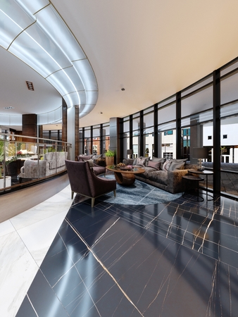 Contemporary hotel interior design, hotel lobby, rest area with comfortable modern furniture. 3D Renderingの写真素材