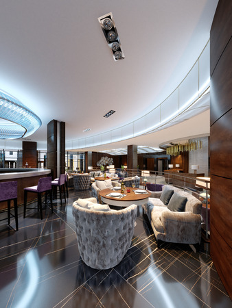 Modern bar restaurant in a luxurious modern style with elegant furniture and lighting. 3d renderingの写真素材