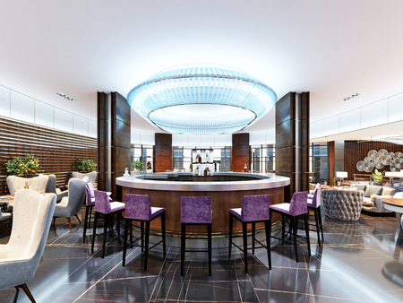 Luxurious bar set with purple bar stools and white marble worktop. Large blue chandelier with neon lights. Modern interior design of the bar. 3d rendering.の写真素材