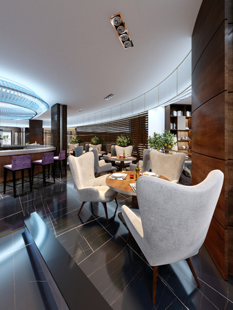 Modern bar restaurant in a luxurious modern style with elegant furniture and lighting. 3d renderingの写真素材