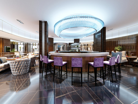 Luxurious bar set with purple bar stools and white marble worktop. Large blue chandelier with neon lights. Modern interior design of the bar. 3d rendering.の写真素材