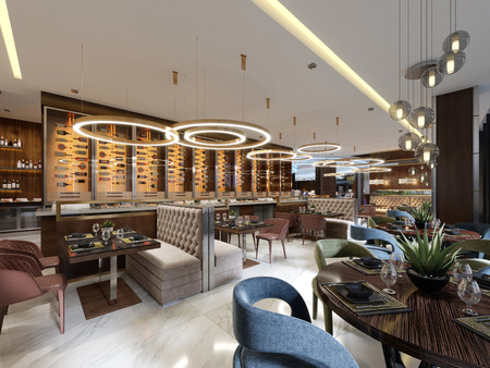 Luxury restaurant in contemporary style with exquisite modern furniture and designer listroy with hidden lighting. Brand interior design of the restaurant. 3d rendering.の写真素材