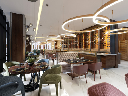 Luxury restaurant in contemporary style with exquisite modern furniture and designer listroy with hidden lighting. Brand interior design of the restaurant. 3d rendering.の写真素材
