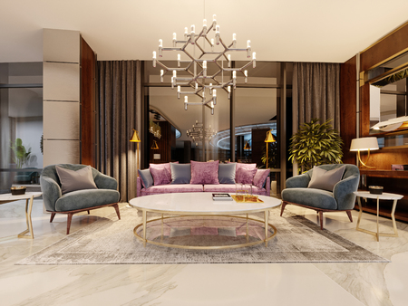 Evening lobby in the hotel, with a purple sofa, two blue armchair, a marble magazine table and a bedside table with a mirror. Modern interior design, 3d renderingの写真素材