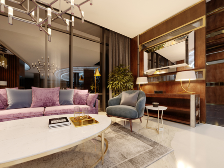 Evening lobby in the hotel, with a purple sofa, two blue armchair, a marble magazine table and a bedside table with a mirror. Modern interior design, 3d renderingの写真素材
