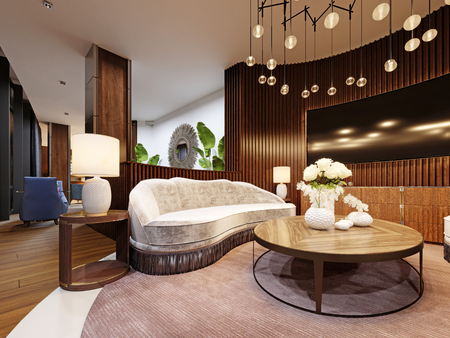 Very luxurious seating area in a modern hotel. White designer sofa with slats on the wall with a TV. Side table with lamp and a large chandelier. 3d renderingの写真素材