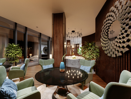 Beautiful lounge area of the hotel in a modern style, with luxurious furniture. 3d renderingの写真素材