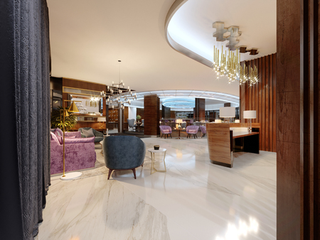 Modern hotel vestibule and a luxurious restaurant in the center with neon lighting. 3d renderingの写真素材