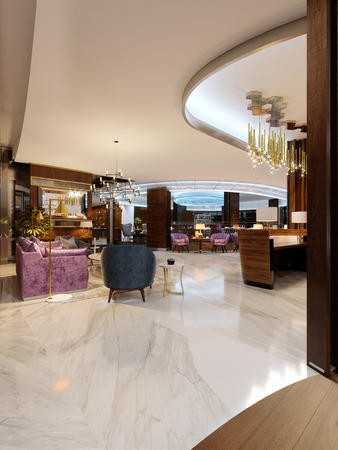 Modern hotel vestibule and a luxurious restaurant in the center with neon lighting. 3d renderingの写真素材