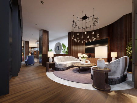 Very luxurious seating area in a modern hotel. White designer sofa with slats on the wall with a TV. Side table with lamp and a large chandelier. 3d renderingの写真素材