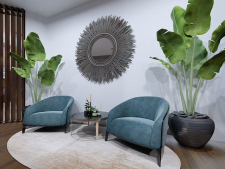 The hotelâs rest area features two designer armchairs in blue with a potted plant and a zeokal on a white wall. 3d renderingの写真素材