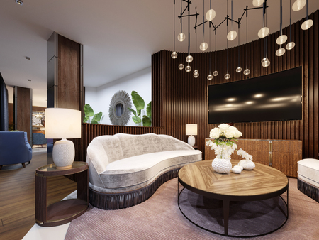 Very luxurious seating area in a modern hotel. White designer sofa with slats on the wall with a TV. Side table with lamp and a large chandelier. 3d renderingの写真素材