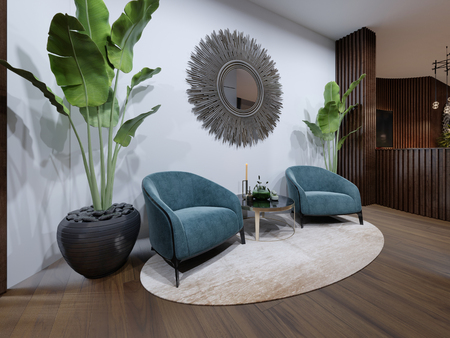 The hotels rest area features two designer armchairs in blue with a potted plant and a zeokal on a white wall. 3d renderingの写真素材
