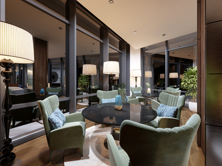 Beautiful lounge area of the hotel in a modern style, with luxurious furniture. 3d renderingの写真素材