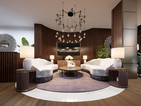 Very luxurious seating area in a modern hotel. White designer sofa with slats on the wall with a TV. Side table with lamp and a large chandelier. 3d renderingの写真素材